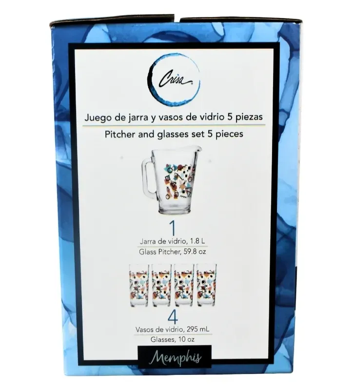 Juego de Agua Crisa Memphis 5 Pzs – Jarra 1.8L y Vasos Geométricos