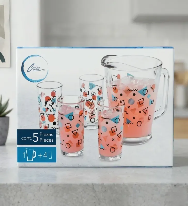 Juego de Agua Crisa Memphis 5 Pzs – Jarra 1.8L y Vasos Geométricos