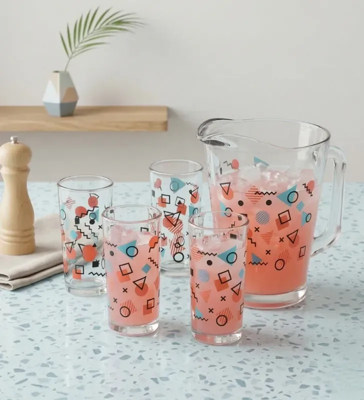 Juego de Agua Crisa Memphis 5 Pzs – Jarra 1.8L y Vasos Geométricos