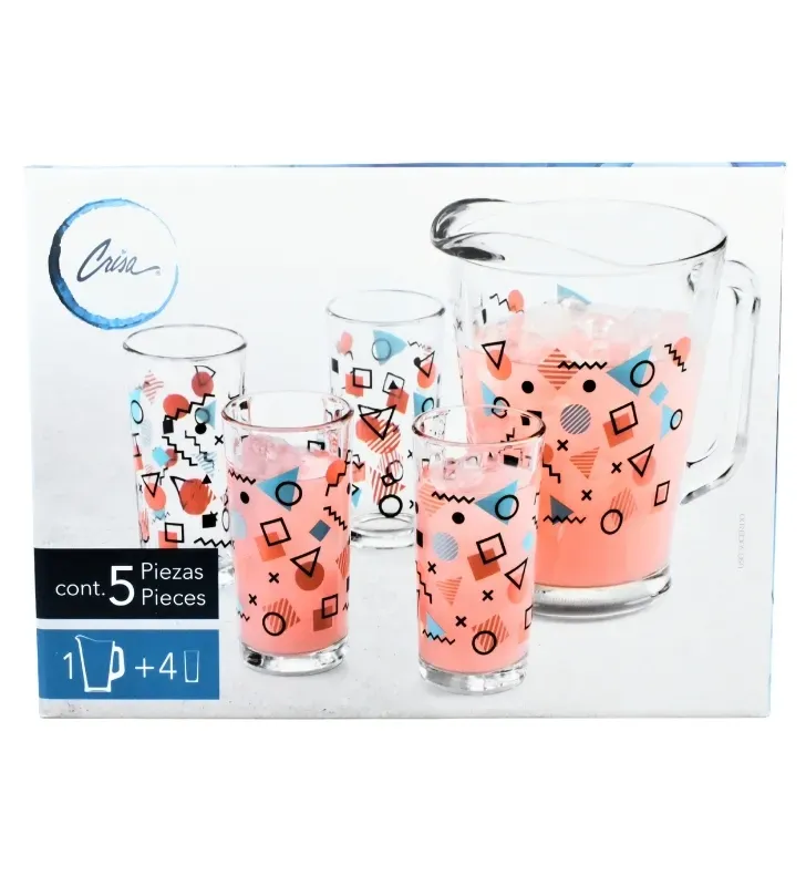 Juego de Agua Crisa Memphis 5 Pzs – Jarra 1.8L y Vasos Geométricos