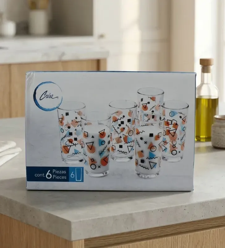 Juego de 6 Vasos Crisa Memphis – 295ml – Diseño Geométrico
