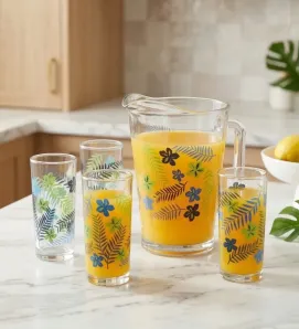 Juego de Agua Crisa Tropical 5 Pzs – Jarra 1.7L y Vasos Decorados