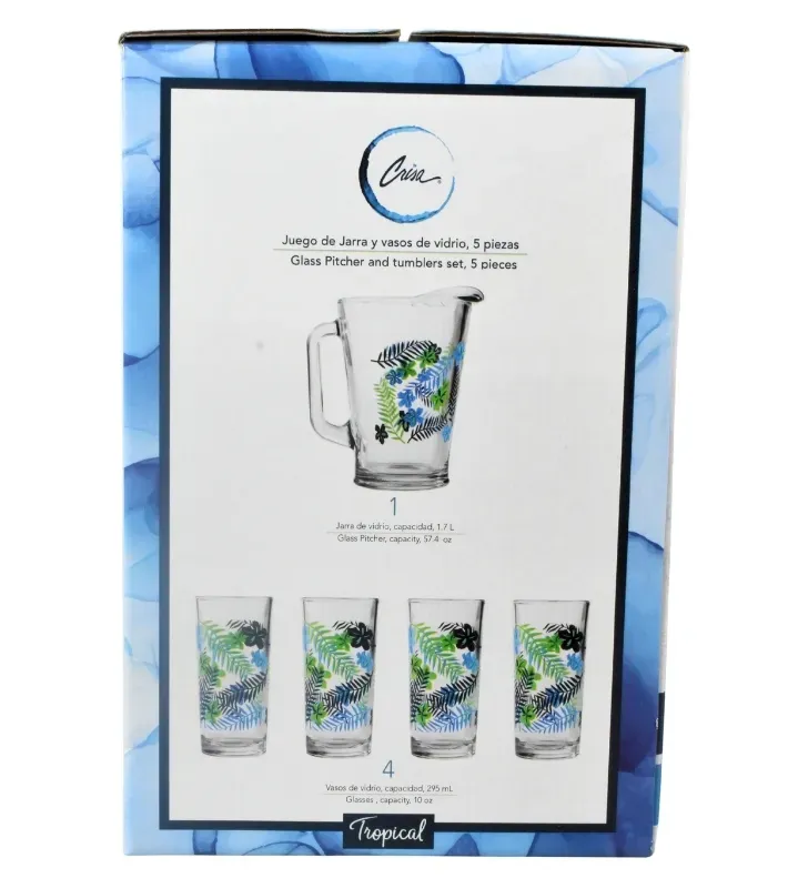 Juego de Agua Crisa Tropical 5 Pzs – Jarra 1.7L y Vasos Decorados