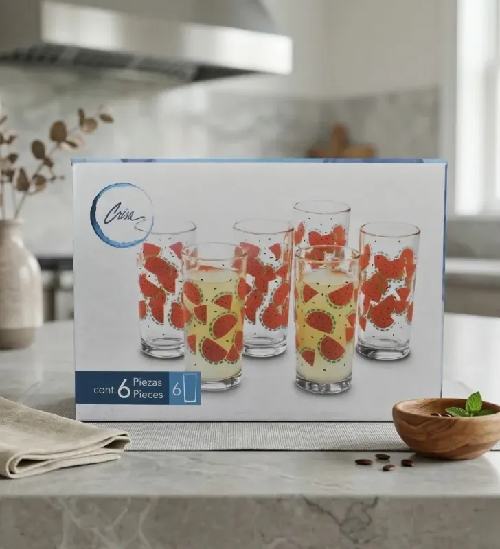 Juego de 6 Vasos Crisa Sandibell – 295ml – Diseño de Sandías