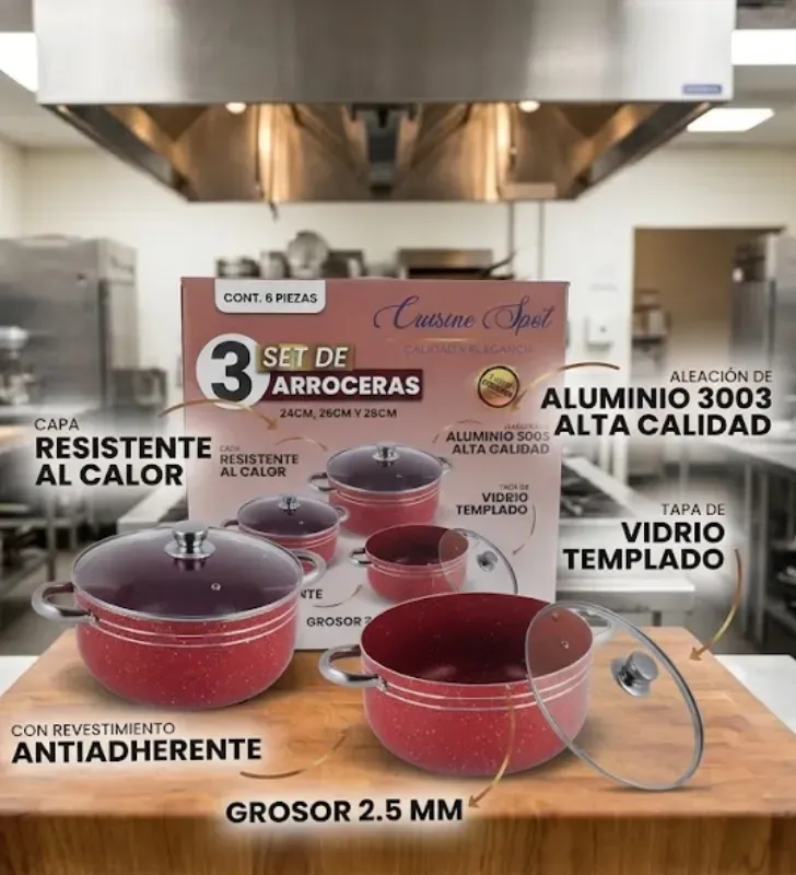Juego de 3 Ollas Arroceras Cuisine Spot Rojas – Antiadherente Mármol