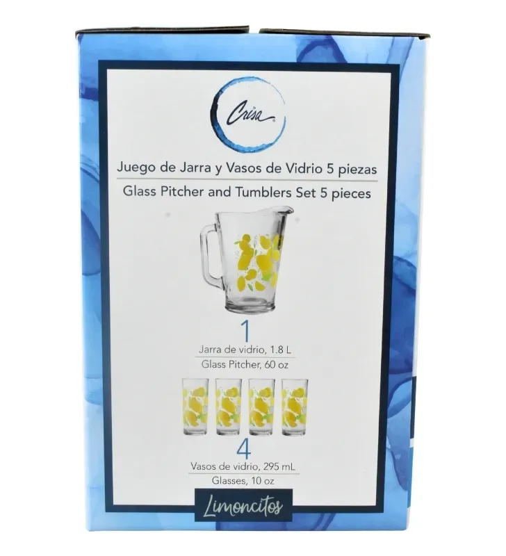 Juego de Agua Crisa Limoncitos 5 Pzs – Jarra 1.7L y Vasos Decorados
