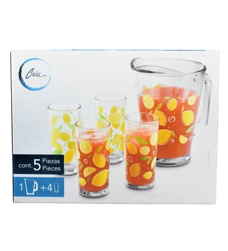 Juego de Agua Crisa Limoncitos 5 Pzs – Jarra 1.7L y Vasos Decorados