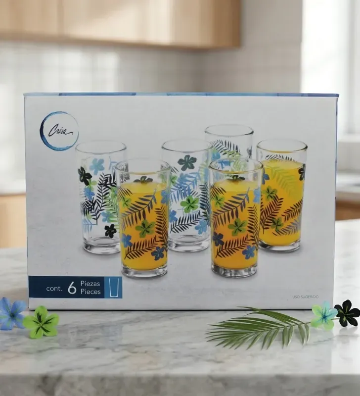 Juego de 6 Vasos Crisa Tropical – 295ml – Diseño de Hojas