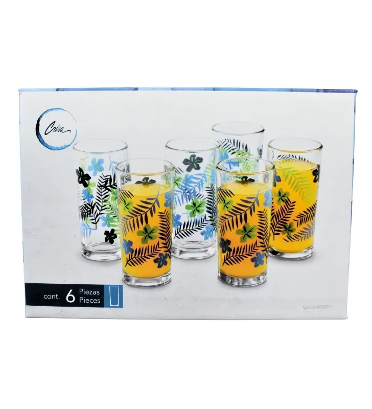 Juego de 6 Vasos Crisa Tropical – 295ml – Diseño de Hojas
