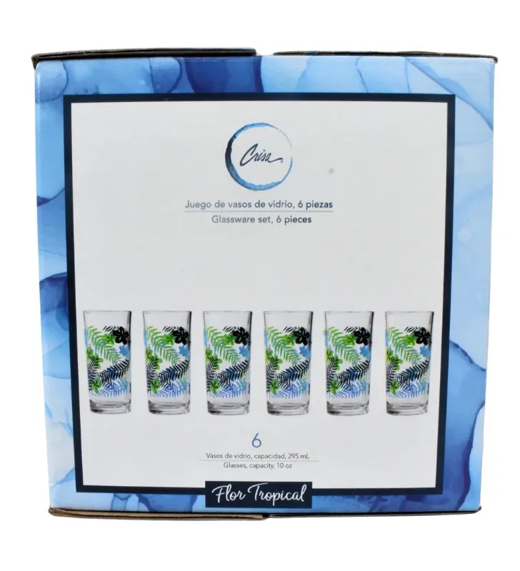 Juego de 6 Vasos Crisa Tropical – 295ml – Diseño de Hojas
