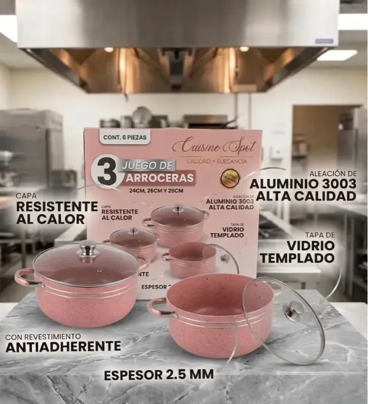 Juego de 3 Ollas Arroceras Cuisine Spot Rosas – Antiadherente Mármol
