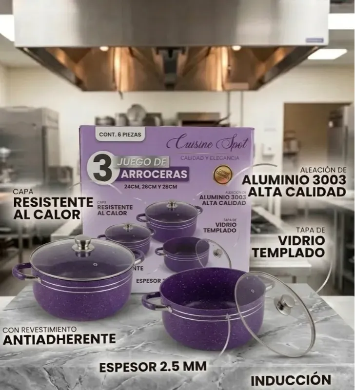 Juego de 3 Ollas Arroceras Cuisine Spot Moradas – Antiadherente Mármol