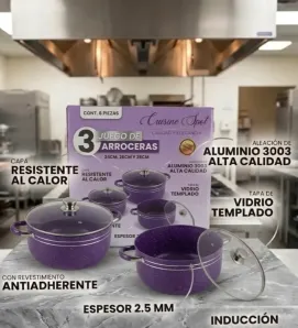 Juego de 3 Ollas Arroceras Cuisine Spot Moradas – Antiadherente Mármol