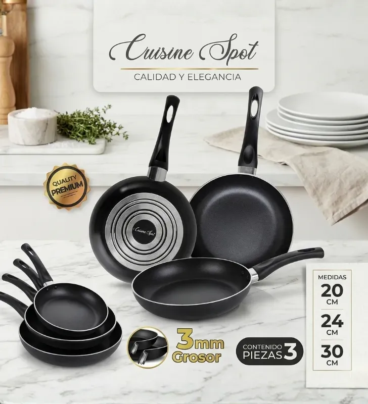 Juego de 3 Sartenes Cuisine Spot Negros 3mm – Antiadherente Profesional