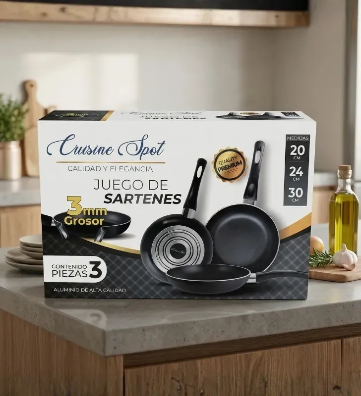 Juego de 3 Sartenes Cuisine Spot Negros 3mm – Antiadherente Profesional