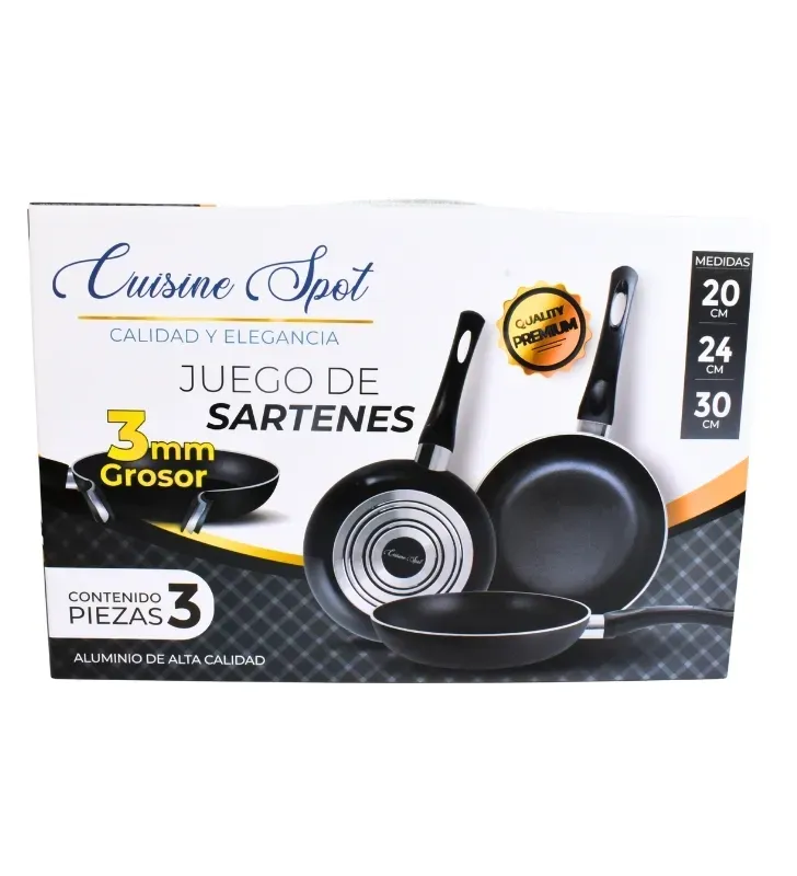 Juego de 3 Sartenes Cuisine Spot Negros 3mm – Antiadherente Profesional