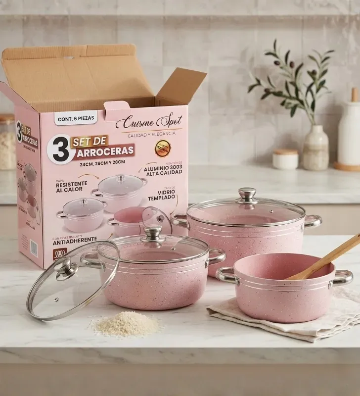 Juego de 3 Ollas Arroceras Cuisine Spot Rosas – Antiadherente Mármol