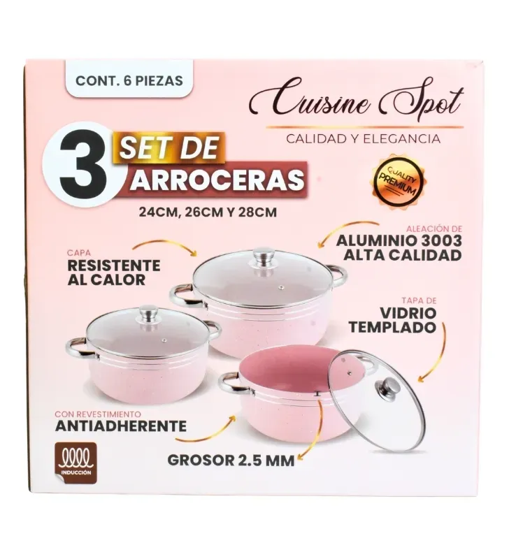 Juego de 3 Ollas Arroceras Cuisine Spot Rosas – Antiadherente Mármol