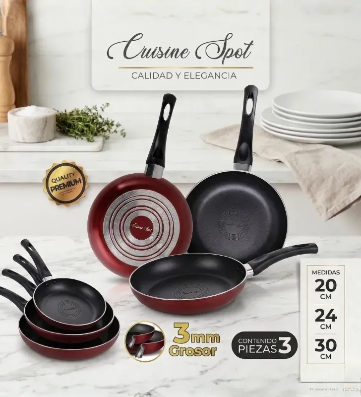 Juego de Sartenes 20, 24 y 30 cm Rojo – 3 mm aluminio antiadherente