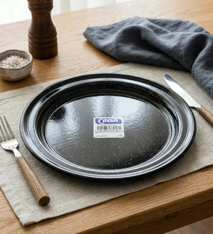 Plato Plano Cinsa de Peltre 26 cm – Negro Brillante Jaspeado