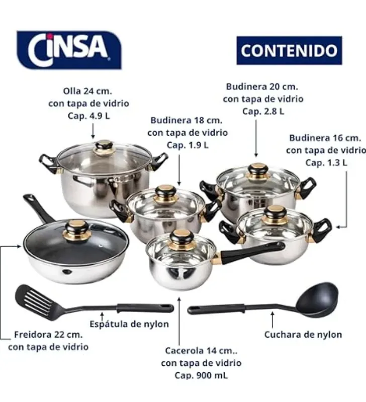 Batería Cinsa Viena 12pz Acero Inox – Tapas de Vidrio