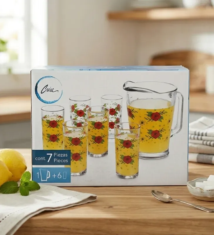 Juego de Agua Crisa 7 Piezas – Diseño Rosas Rojas C431