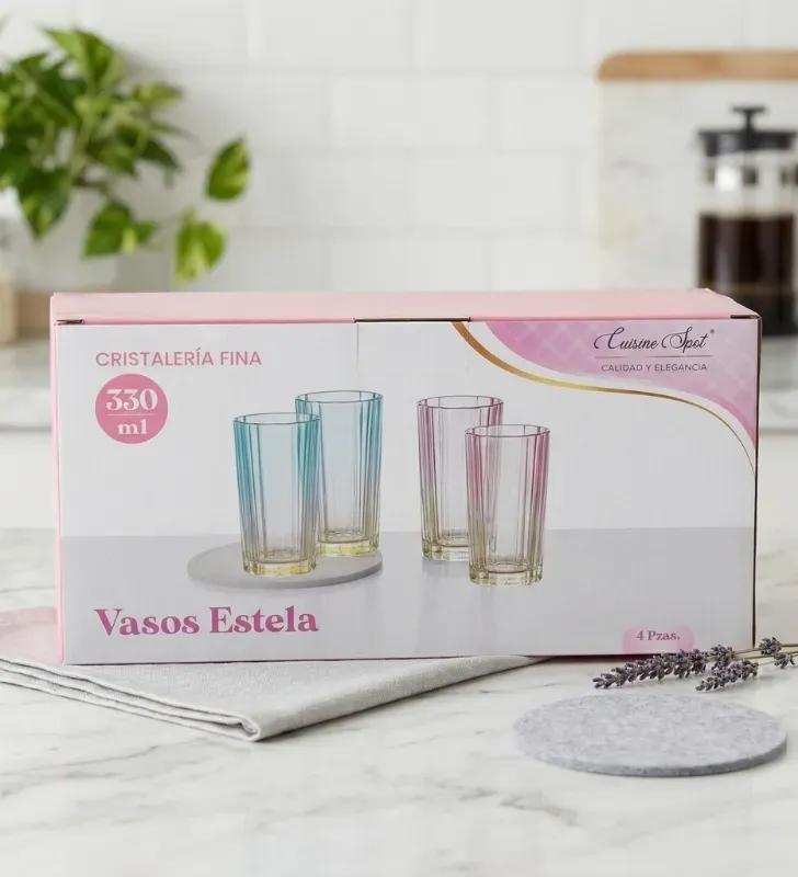 Juego de 4 Vasos Altos Cuisine Spot 330ml – Bicolor y Relieve