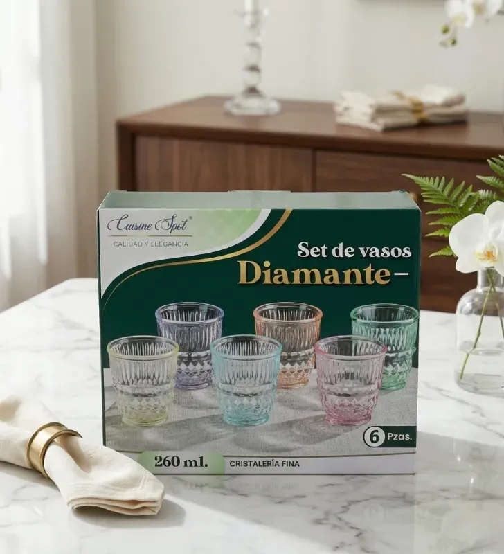 Juego de 6 Vasos Cuisine Spot 260ml – Diseño Diamante Pastel