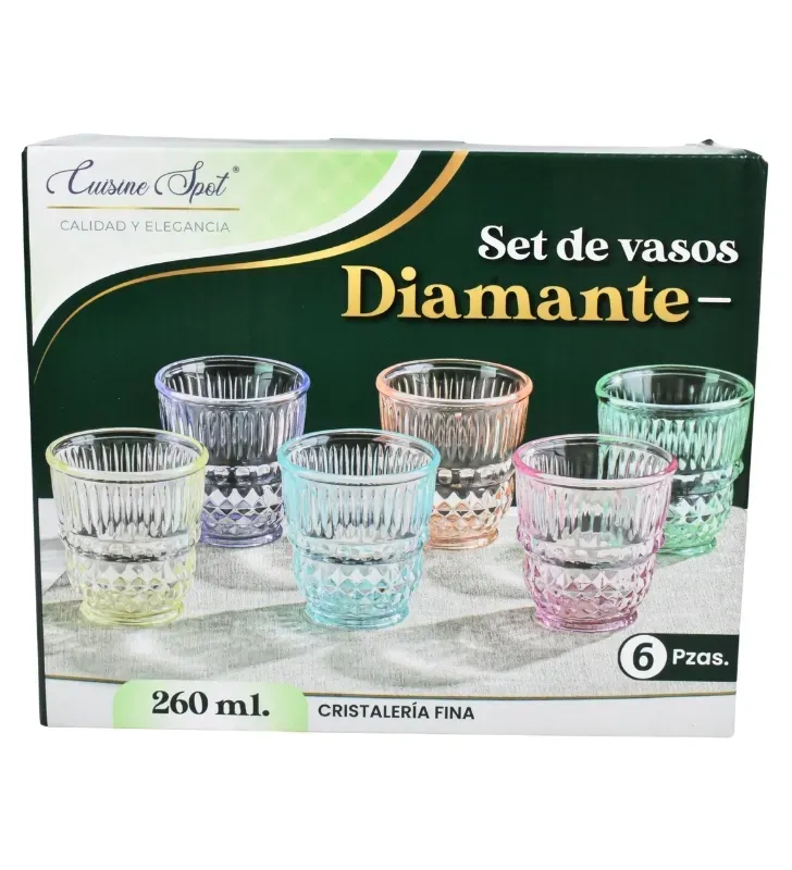 Juego de 6 Vasos Cuisine Spot 260ml – Diseño Diamante Pastel