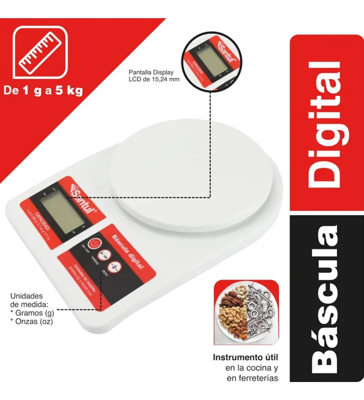 Báscula Digital Santul 5927 · 5 kg x 1 g · Cuerpo ABS · Función Tara