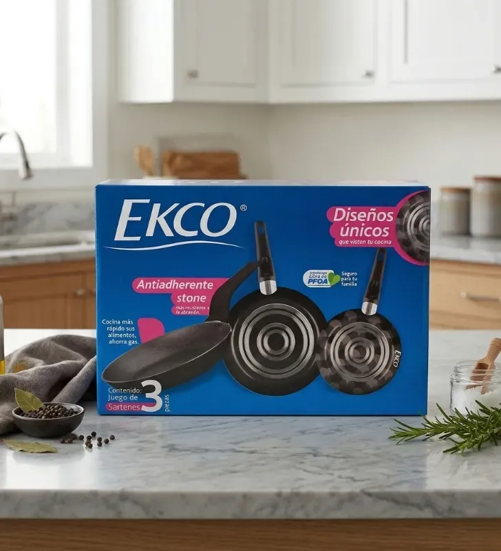 Juego de 3 Sartenes Ekco Stone Negro – Antiadherente de Piedra 37239