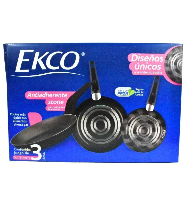 Juego de 3 Sartenes Ekco Stone Negro – Antiadherente de Piedra 37239
