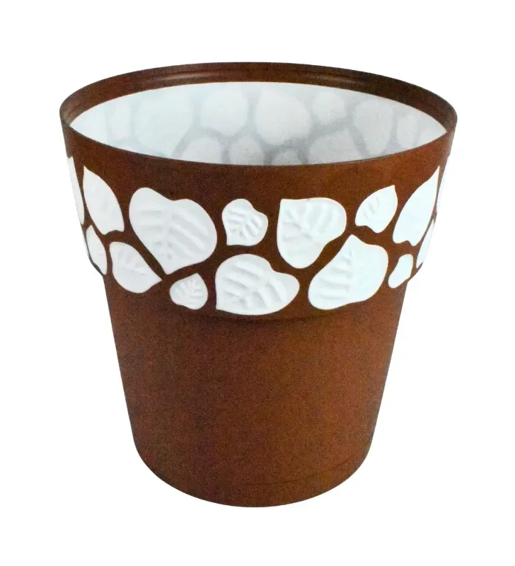 Maceta Emily Redonda Cubasa 10" – Decorado de Hojas Café/Blanco