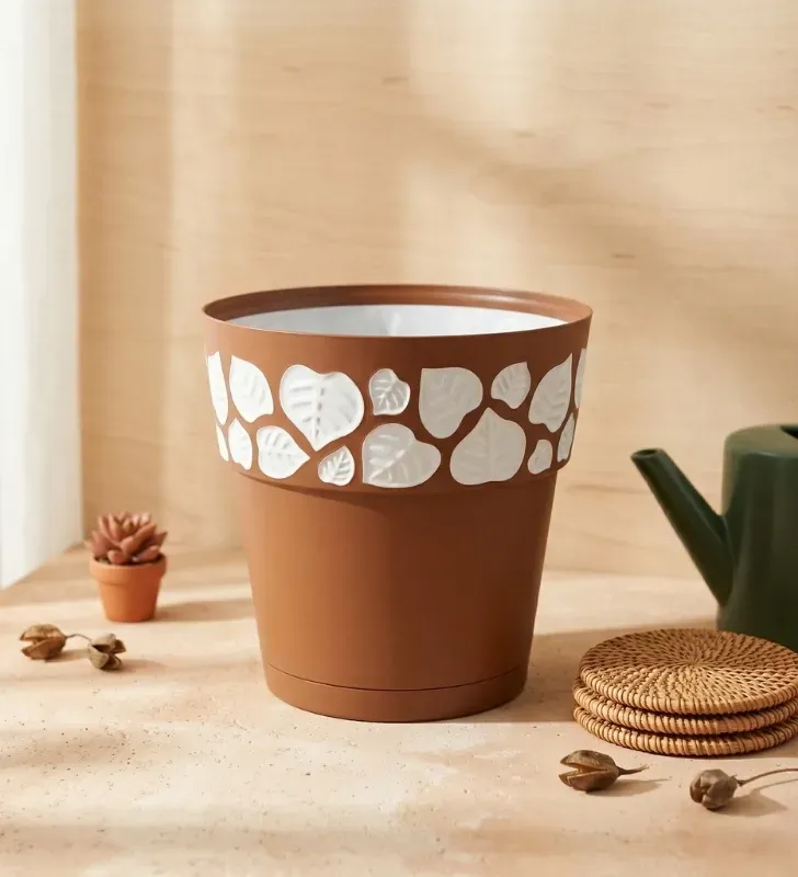 Maceta Emily Redonda Cubasa 10" – Decorado de Hojas Café/Blanco