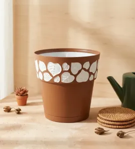 Maceta Emily Redonda Cubasa 10" – Decorado de Hojas Café/Blanco