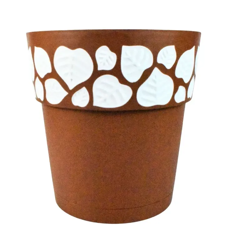Maceta Emily Redonda Cubasa 10" – Decorado de Hojas Café/Blanco