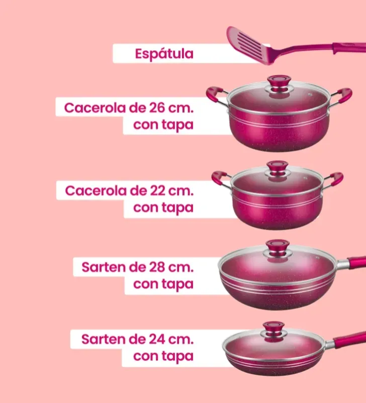 Batería Scarlett roja 5 pzas · Aluminio antiadherente Cuisine Spot