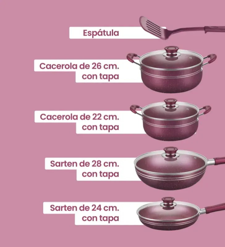 Batería Scarlett purpura 5 pzas · Aluminio antiadherente Cuisine Spot