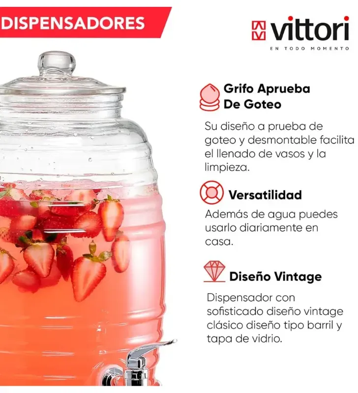 Dispensador Barrilito 9.6L Vittori 2812 – Vidrio con Llave Cromada