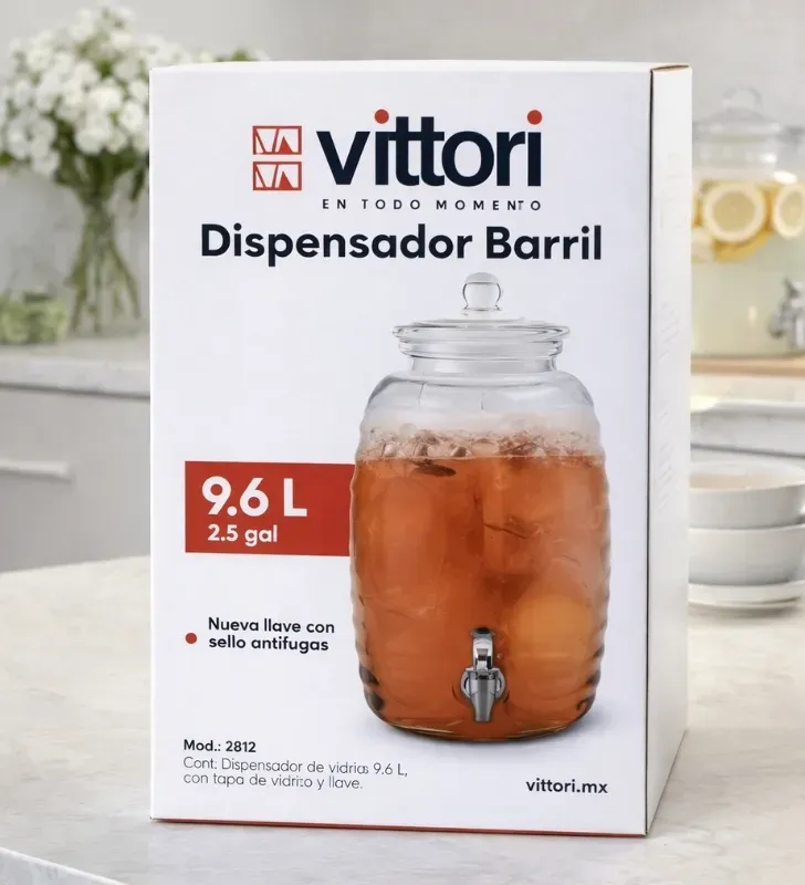 Dispensador Barrilito 9.6L Vittori 2812 – Vidrio con Llave Cromada