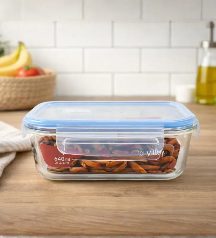 Hermético Rectangular Vidrio 640ml Vittori 3008A – Sello Azul