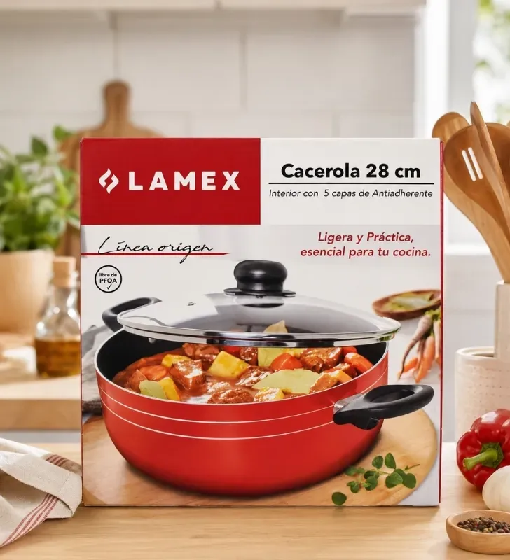 Cacerola Lamex 28 cm Roja 5.5L – Antiadherente 5 Capas