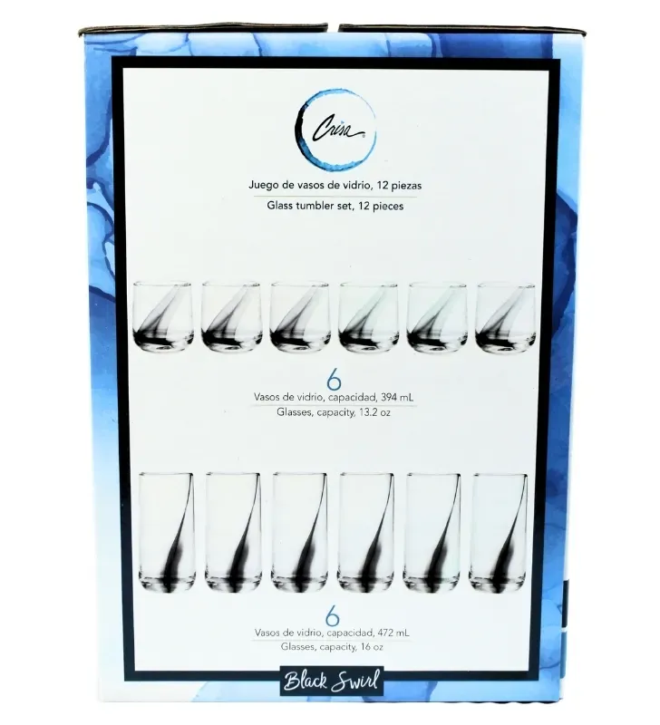 Juego de 12 Vasos Crisa Black Swirl A365 – 394ml y 472ml