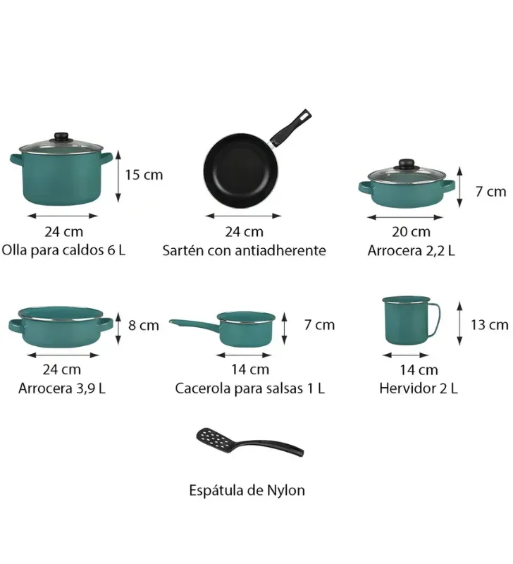 Batería Terranova Cinsa Verde Milán – 9 Piezas Acero Vitrificado