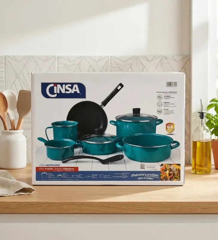 Batería Terranova Cinsa Verde Milán – 9 Piezas Acero Vitrificado