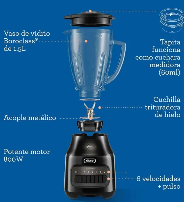 Licuadora Oster 6 Velocidades Vaso Vidrio 800W – 2174280