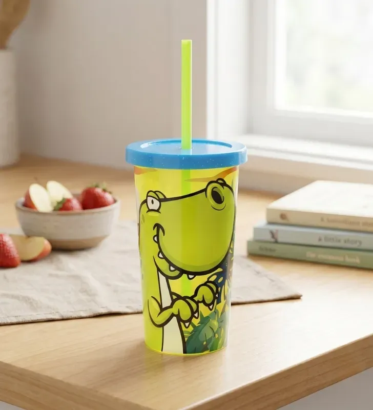 Vaso Glitter Infantil con Popote Dinosaurio Andromeda 81002