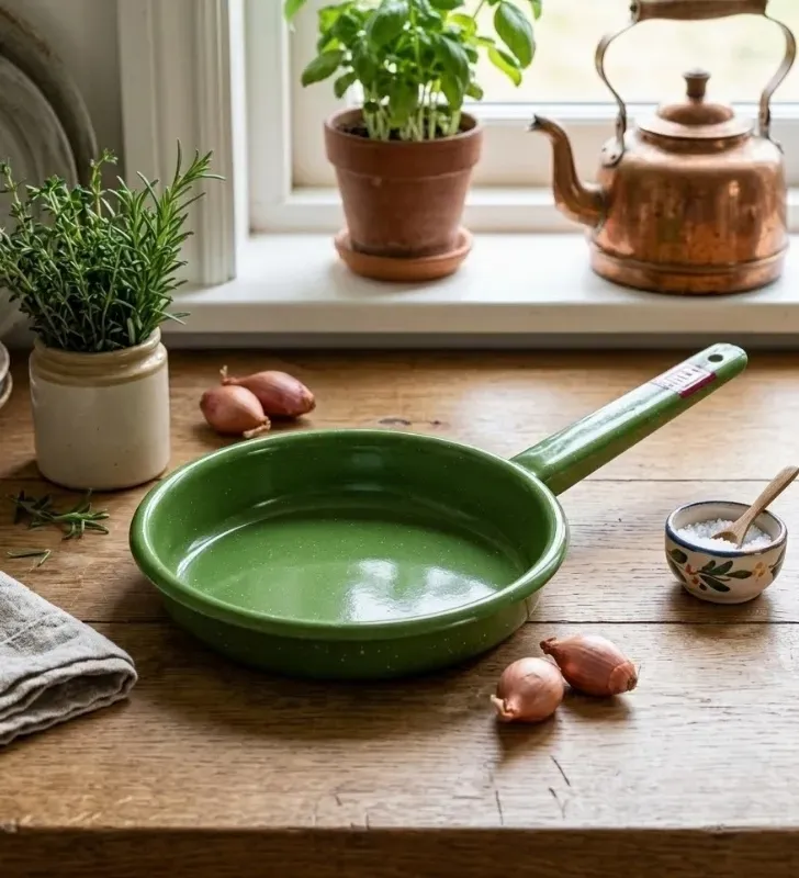Sartén de Peltre No. 18 Verde Jaspeado con Mango – Prodesa