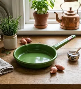Sartén de Peltre No. 18 Verde Jaspeado con Mango – Prodesa