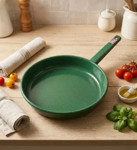 Sartén de Peltre No. 26 Verde Esmeralda Jaspeado con Mango – Prodesa